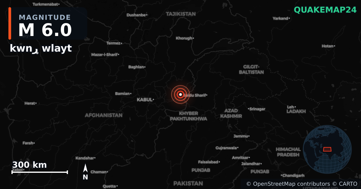 M6.0 earthquake near kwnړ wlayt on Aug 31, 2025 — map of epicenter and shaking intensity | QuakeMap24
