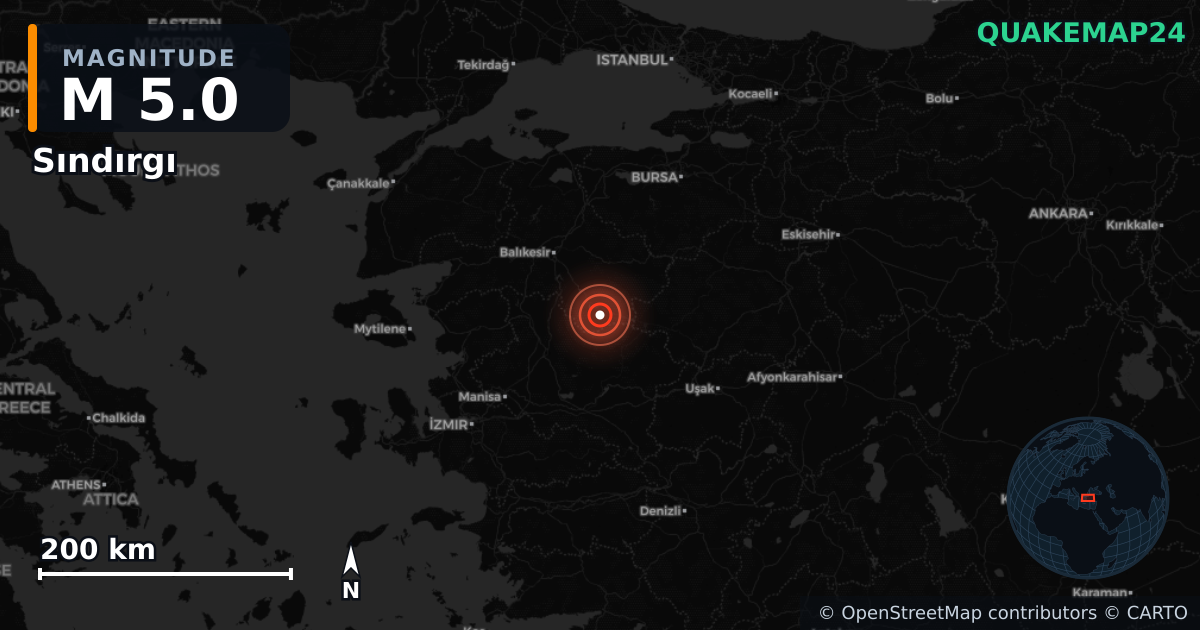 M5.0 earthquake near Sındırgı on Nov 3, 2025 — map of epicenter and shaking intensity | QuakeMap24