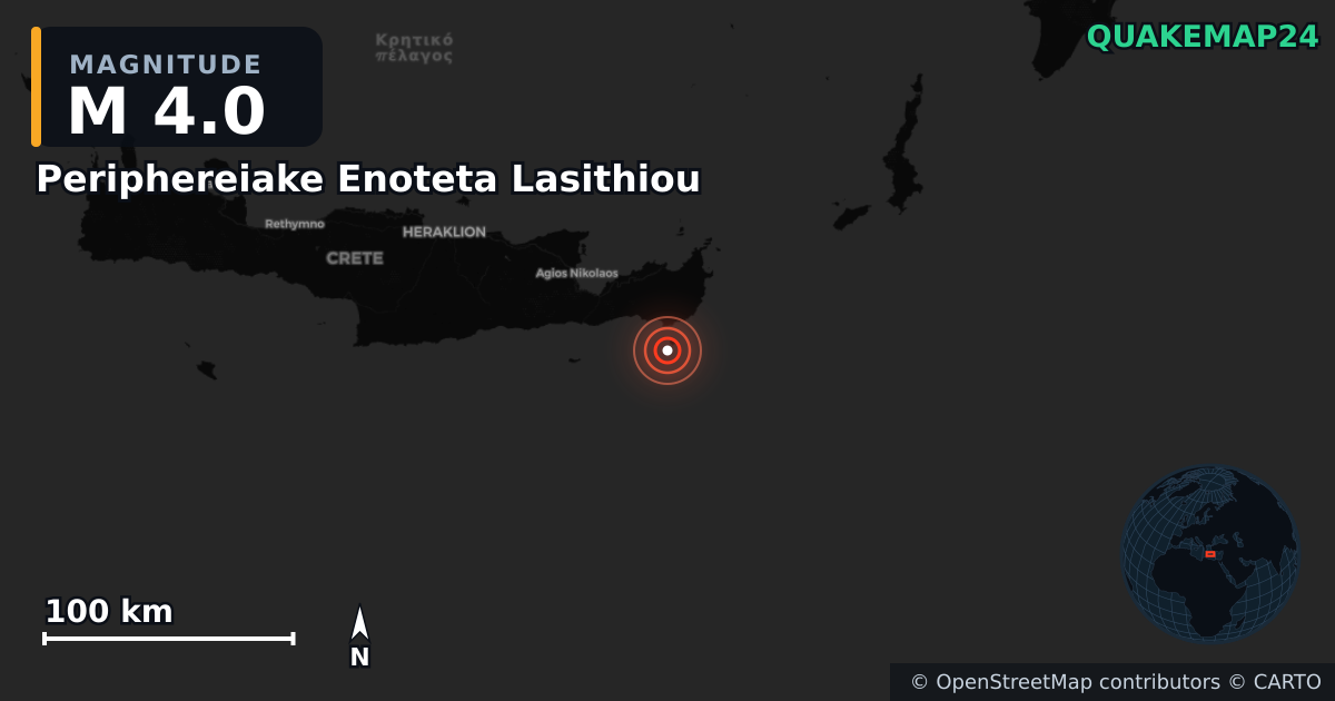 M4.0 earthquake near Periphereiake Enoteta Lasithiou on Nov 14, 2025 — map of epicenter and shaking intensity | QuakeMap24