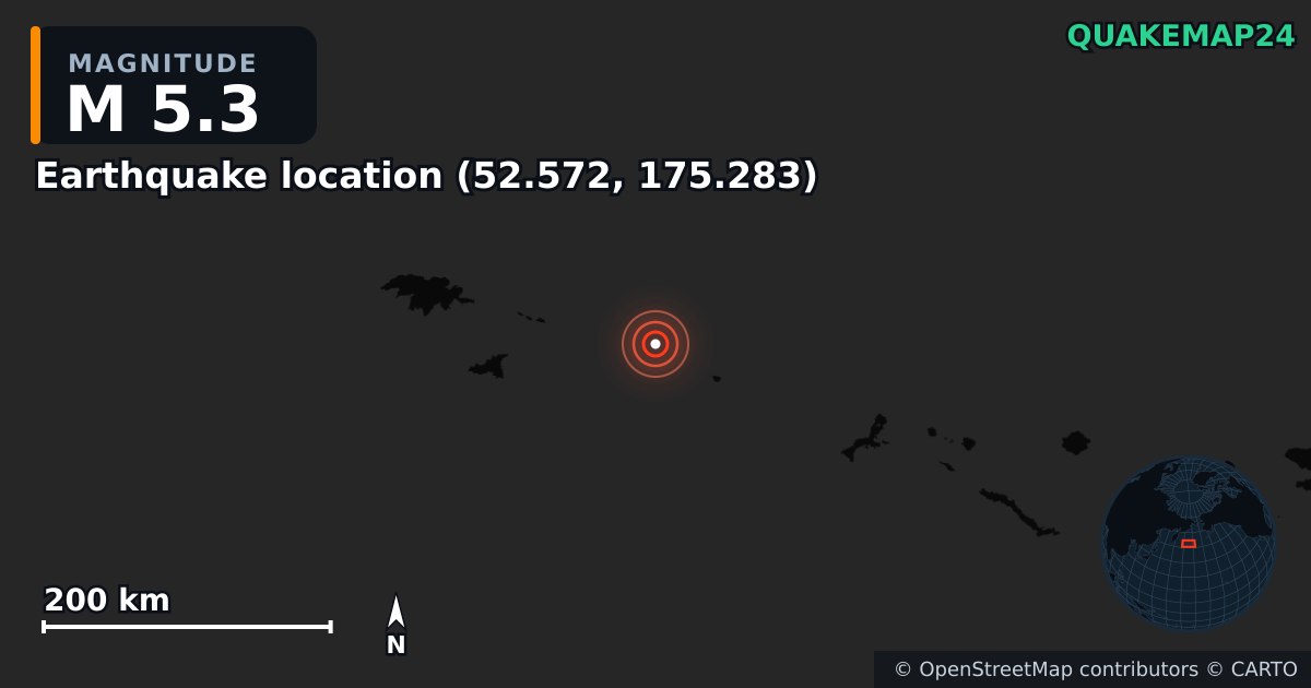 M5.3 earthquake near Deprem konumu (52.572, 175.283) on Mar 2, 2026 — map of epicenter and shaking intensity | QuakeMap24
