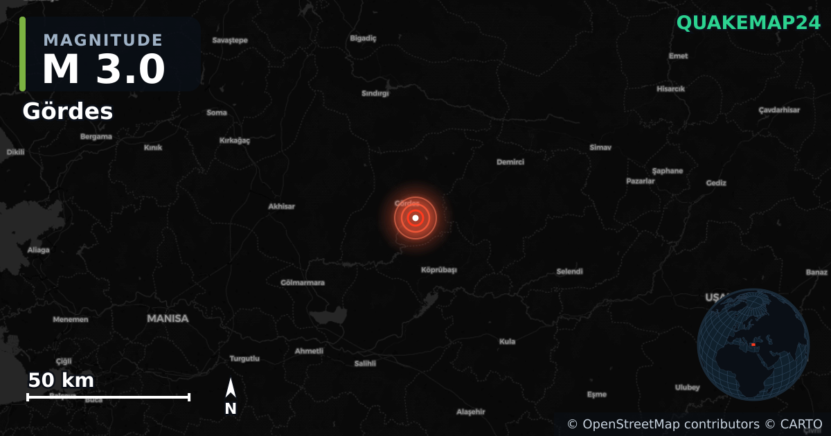 M3.0 earthquake near Gördes on Nov 7, 2025 — map of epicenter and shaking intensity | QuakeMap24