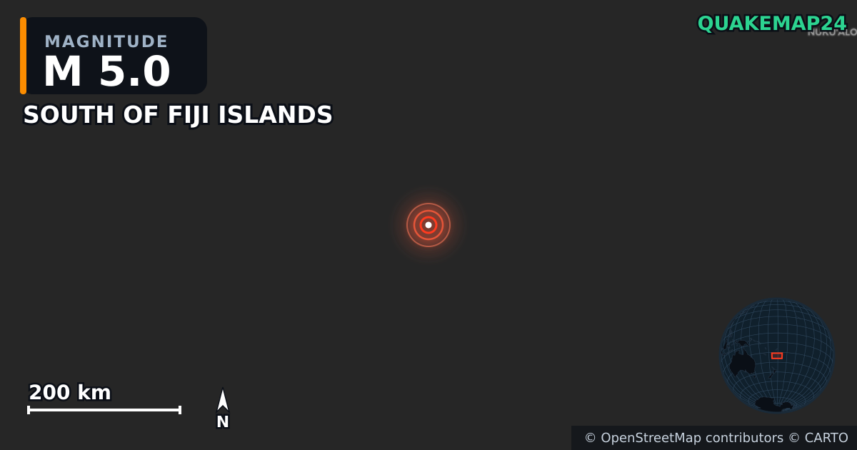 M5.0 earthquake near SOUTH OF FIJI ISLANDS on Jul 31, 2025 — map of epicenter and shaking intensity | QuakeMap24