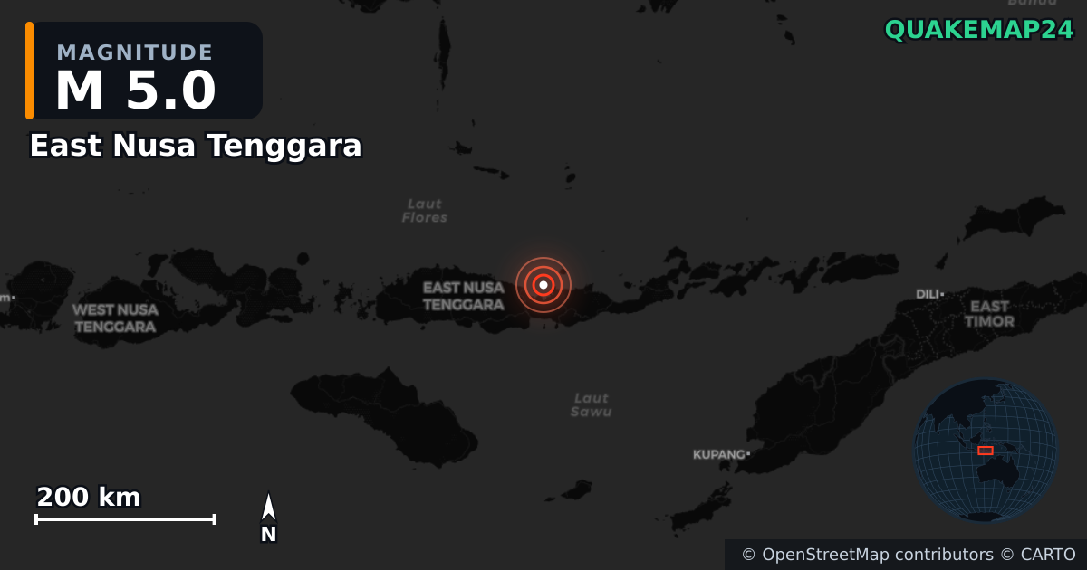 M5.0 earthquake near East Nusa Tenggara on Aug 16, 2026 — map of epicenter and shaking intensity | QuakeMap24