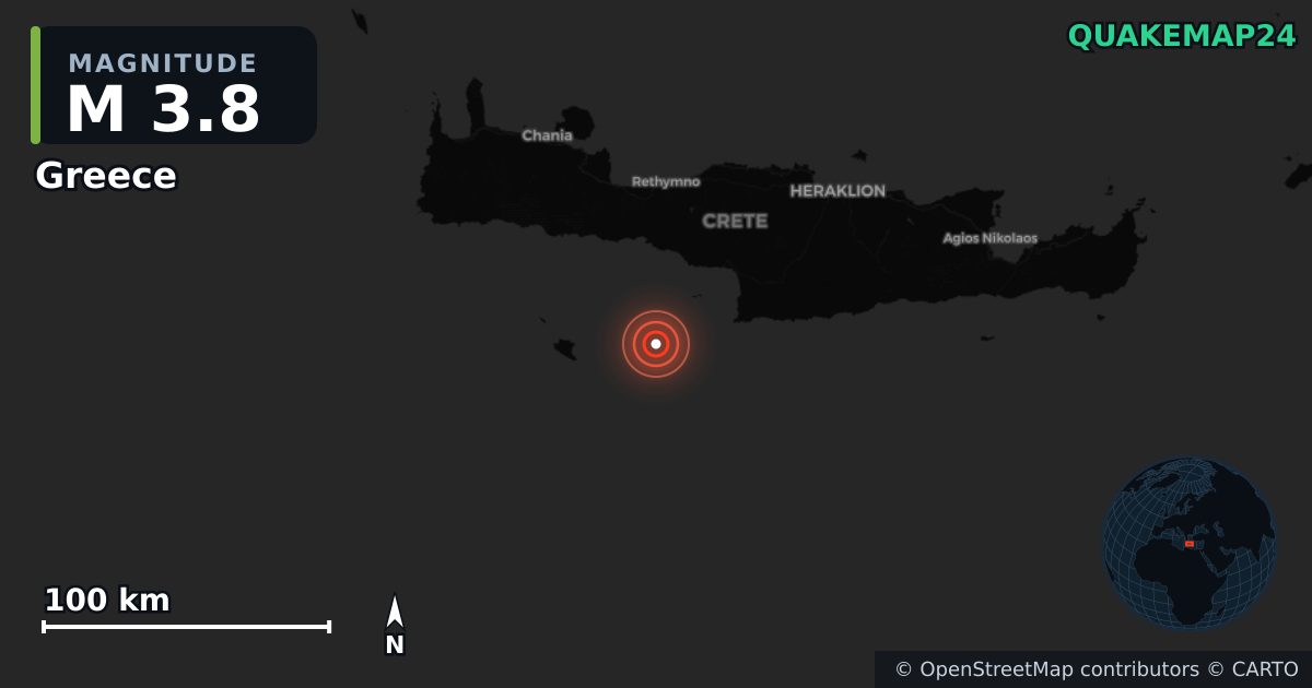 M3.8 earthquake near Greece on Jul 2, 2026 — map of epicenter and shaking intensity | QuakeMap24