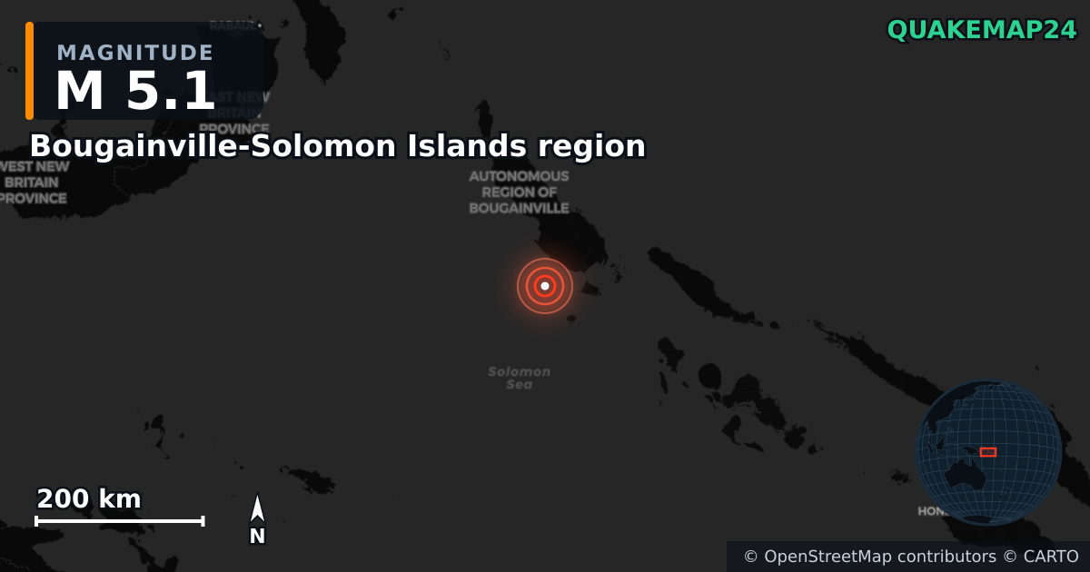 M5.1 earthquake near Bougainville-Solomon Islands region on Dec 30, 2025 — map of epicenter and shaking intensity | QuakeMap24