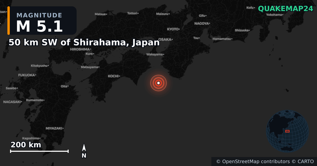 Sismo de M5,1 perto de 50 km SW of Shirahama, Japan — Mapa da localização do epicentro