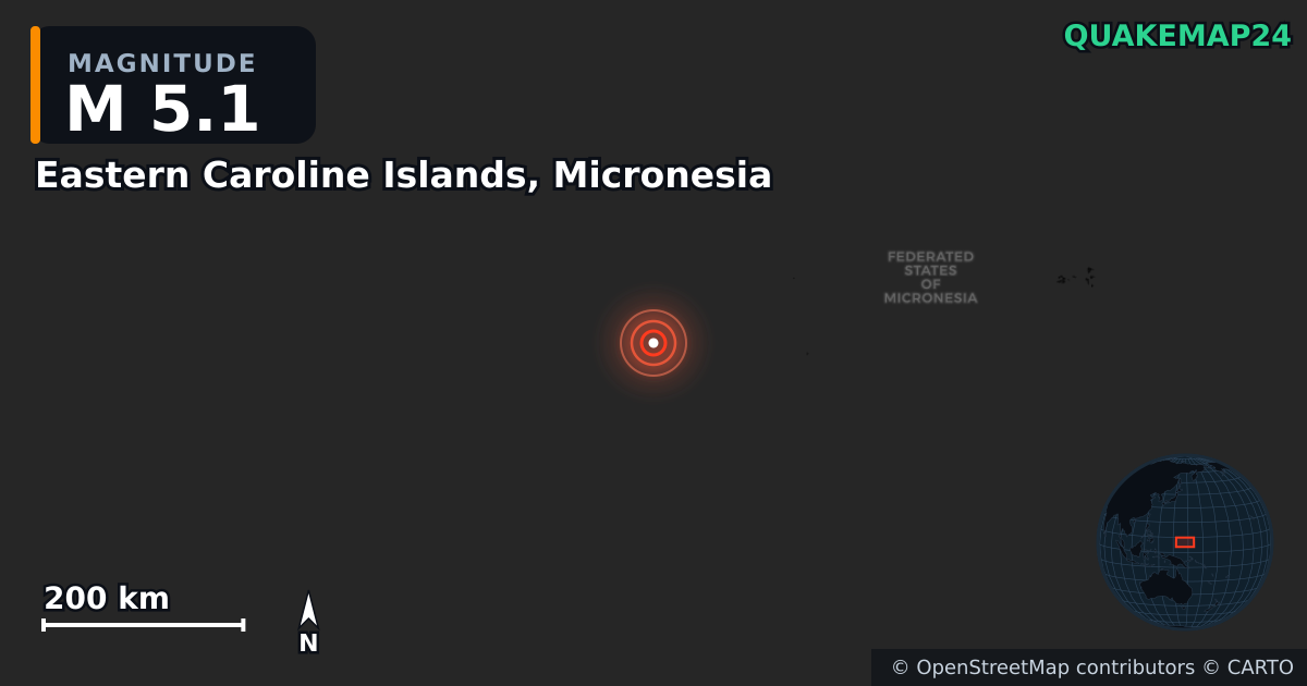 Eastern Caroline Islands, Micronesia yakınında M5,1 deprem — Deprem merkez üssünün konumunu gösteren harita