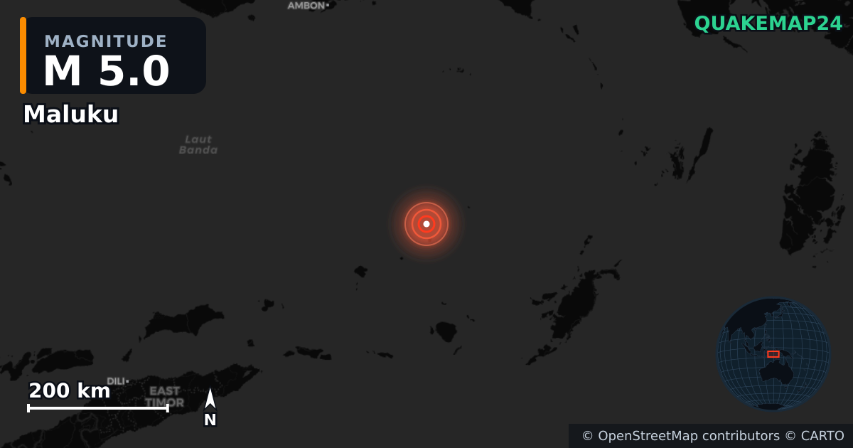 M5.0 earthquake near Maluku on Aug 12, 2026 — map of epicenter and shaking intensity | QuakeMap24