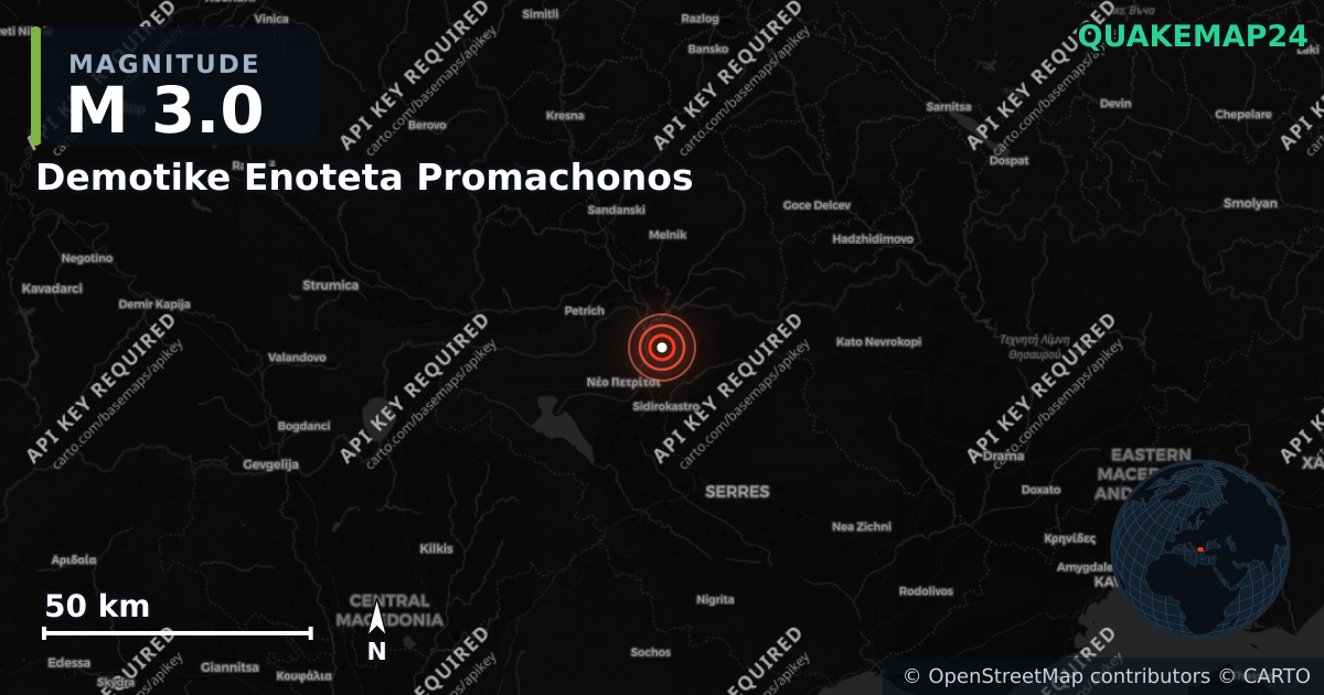 M3.0 earthquake near Demotike Enoteta Promachonos on Aug 27, 2026 — map of epicenter and shaking intensity | QuakeMap24