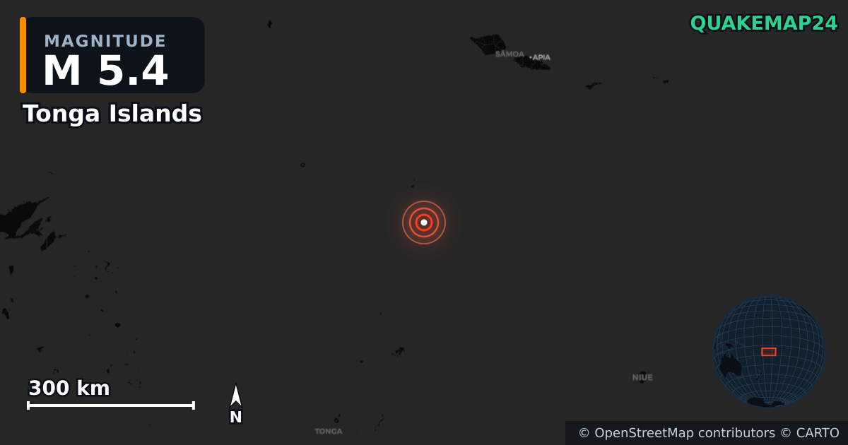 M5.4 earthquake near Tonga Islands on Mar 29, 2026 — map of epicenter and shaking intensity | QuakeMap24