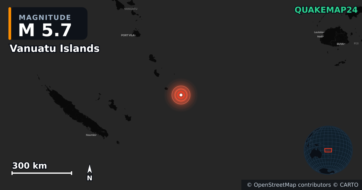 M5.7 earthquake near Vanuatu Islands on Jan 5, 2026 — map of epicenter and shaking intensity | QuakeMap24