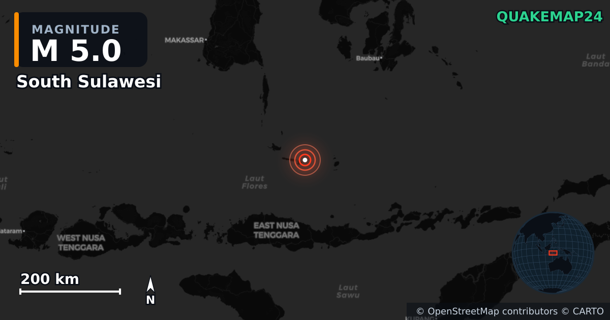 M5.0 earthquake near South Sulawesi on Aug 15, 2026 — map of epicenter and shaking intensity | QuakeMap24