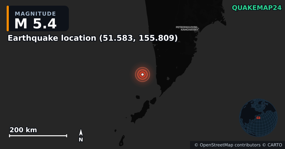 M5.4 earthquake near Lieu du séisme (51.583, 155.809) on Aug 7, 2025 — map of epicenter and shaking intensity | QuakeMap24