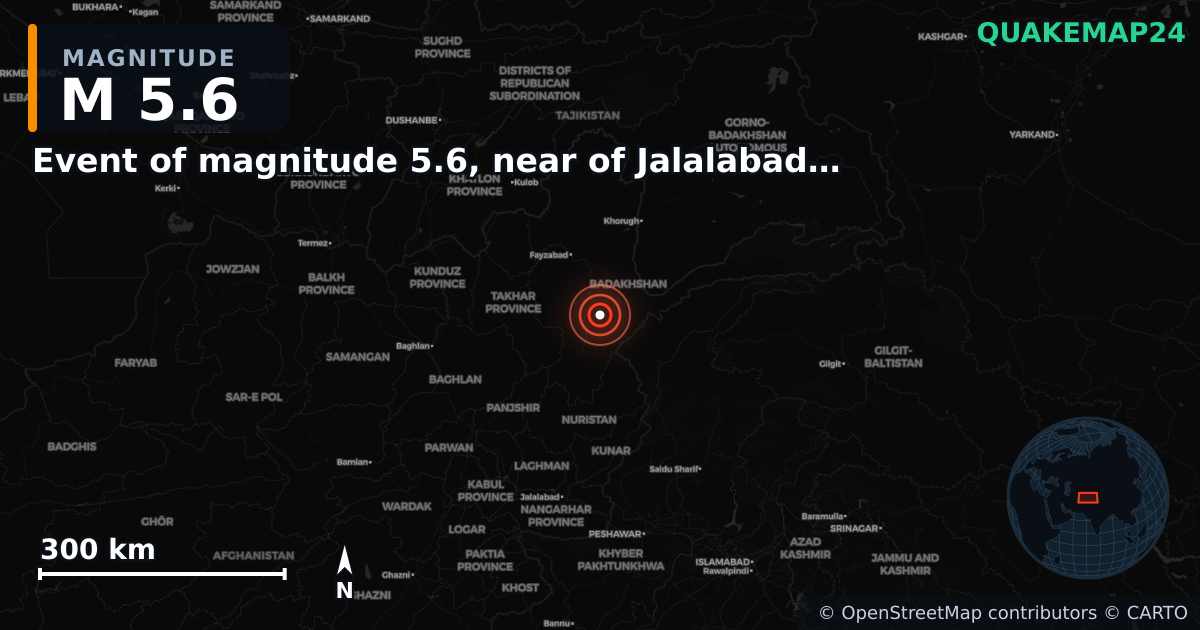 M5.6 earthquake near Event of magnitude 5.6, near of Jalalabad (Monde) on Apr 3, 2026 — map of epicenter and shaking intensity | QuakeMap24