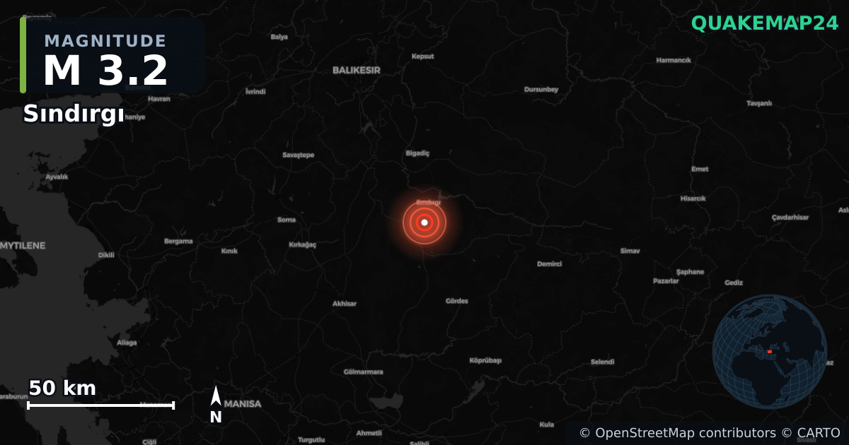 M3.2 earthquake near Sındırgı on Aug 17, 2025 — map of epicenter and shaking intensity | QuakeMap24