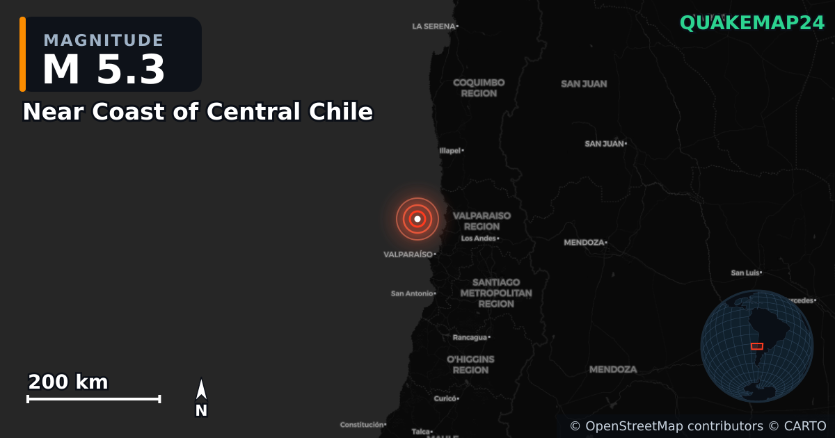 Erdbeben M5,3 bei Near Coast of Central Chile — Karte der Lage des Epizentrums