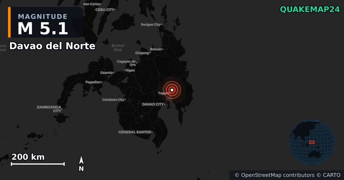 M5.1 earthquake near Davao del Norte on May 19, 2025 — map of epicenter and shaking intensity | QuakeMap24
