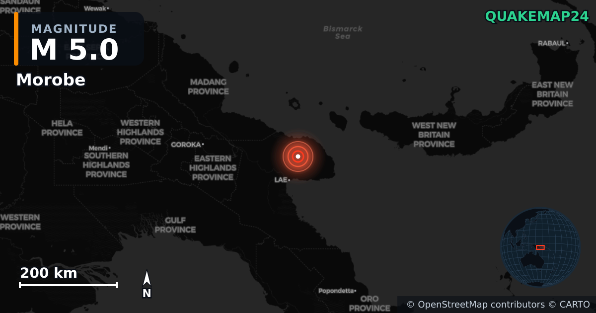 M5.0 earthquake near Morobe on Dec 9, 2025 — map of epicenter and shaking intensity | QuakeMap24