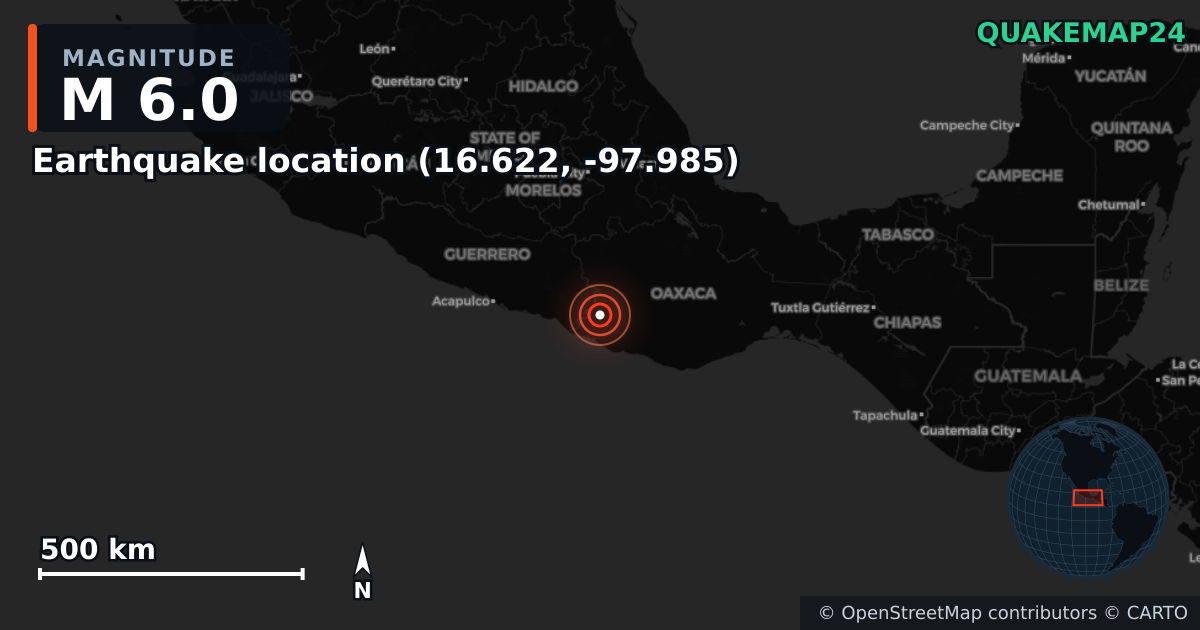 M6.0 earthquake near Erdbeben-Standort (16.622, -97.985) on May 4, 2026 — map of epicenter and shaking intensity | QuakeMap24