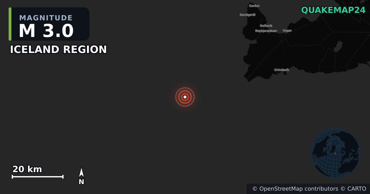 M3.0 earthquake near ICELAND REGION on May 24, 2025 — map of epicenter and shaking intensity | QuakeMap24