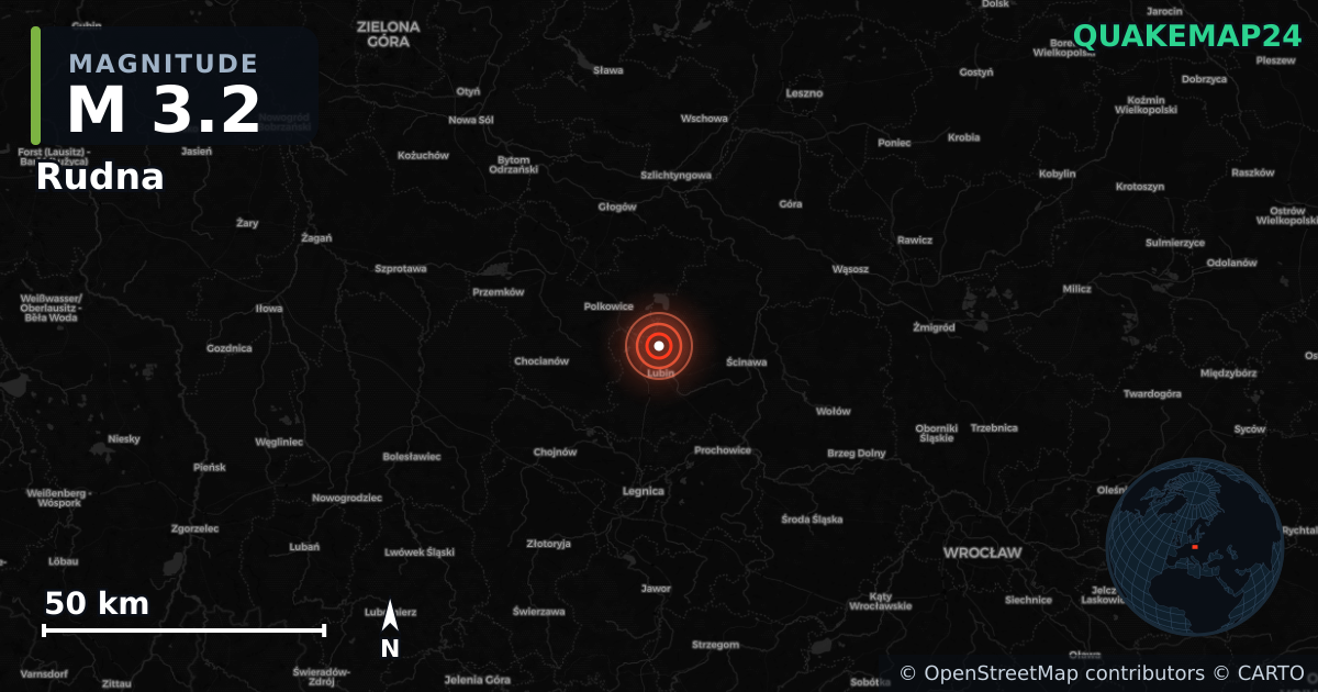 M3.2 earthquake near Rudna on Feb 24, 2026 — map of epicenter and shaking intensity | QuakeMap24