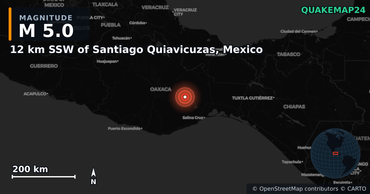 Erdbeben M5,0 bei 12 km SSW of Santiago Quiavicuzas, Mexico — Karte der Lage des Epizentrums