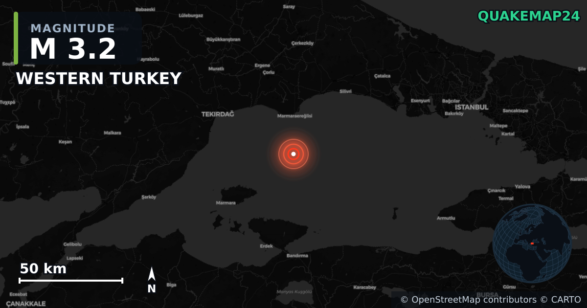 M3.2 earthquake near WESTERN TURKEY on Oct 3, 2025 — map of epicenter and shaking intensity | QuakeMap24