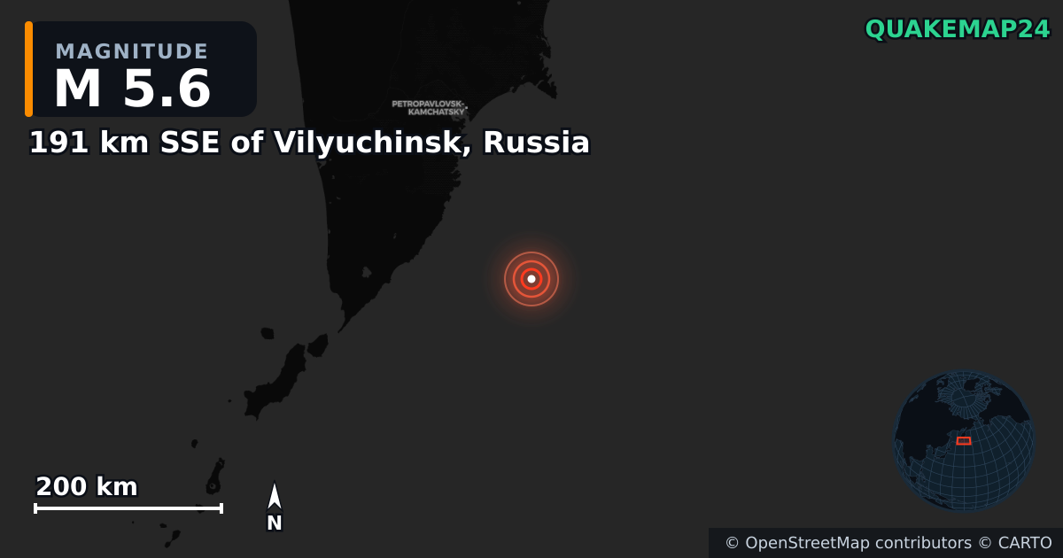 M5.6 earthquake near 191 km SSE of Vilyuchinsk, Russia on Oct 23, 2025 — map of epicenter and shaking intensity | QuakeMap24