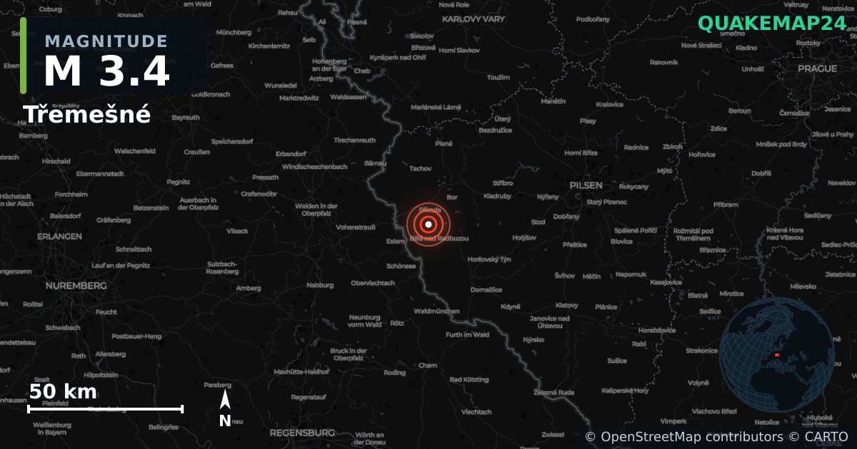Erdbeben M3,4 bei Třemešné, Plzeň Region (Tschechien) · 2026-10-22 — Karte der Lage des Epizentrums