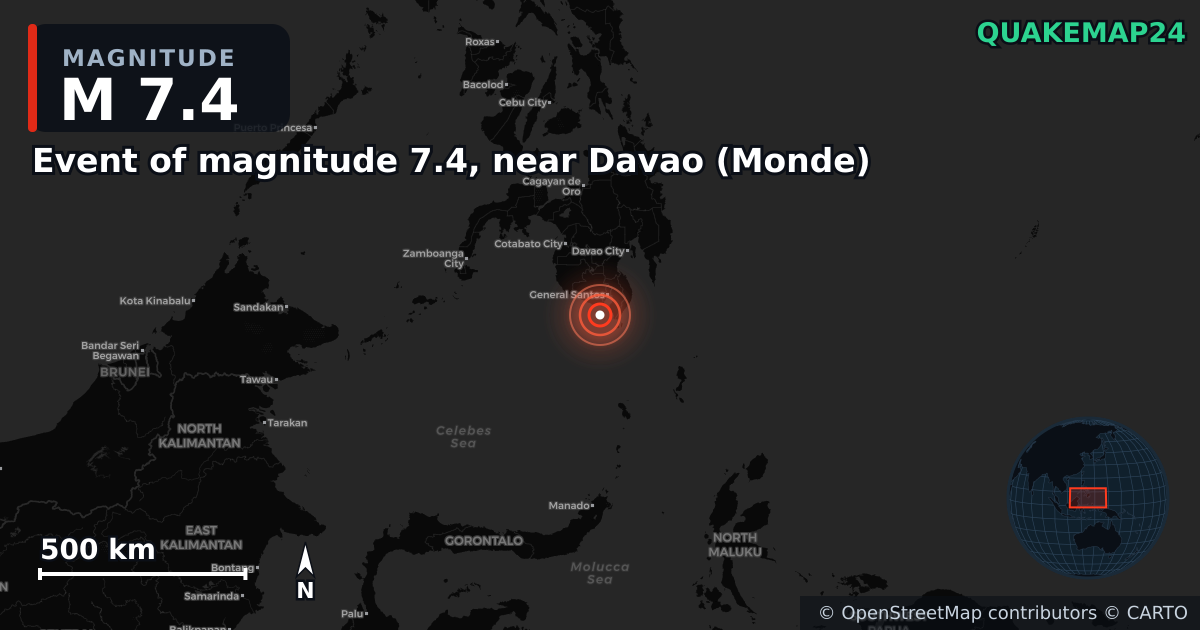 M7.4 earthquake near Event of magnitude 7.4, near Davao (Monde) on Jun 7, 2026 — map of epicenter and shaking intensity | QuakeMap24