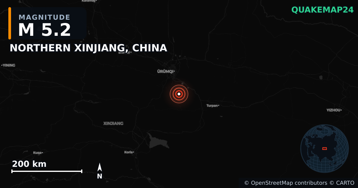 M5.2 earthquake near NORTHERN XINJIANG, CHINA on Apr 2, 2026 — map of epicenter and shaking intensity | QuakeMap24