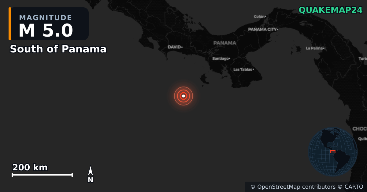 Erdbeben M5,0 bei South of Panama — Karte der Lage des Epizentrums