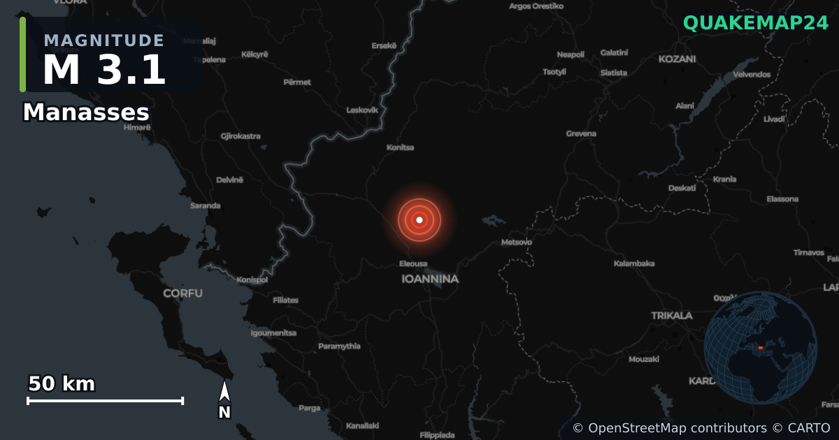 Σεισμός M3,1 κοντά στο Manasses, Epirus (Ελλάδα) · 2026-04-09 — Χάρτης της θέσης του επικέντρου