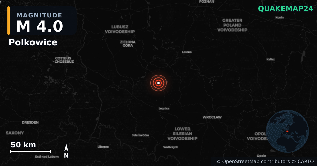 M4.0 earthquake near Polkowice on Jul 18, 2026 — map of epicenter and shaking intensity | QuakeMap24