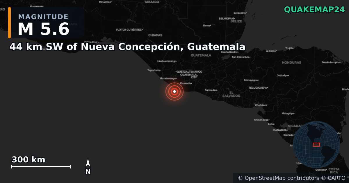 M5.6 earthquake near 44 km SW of Nueva Concepción, Guatemala on Feb 5, 2025 — map of epicenter and shaking intensity | QuakeMap24