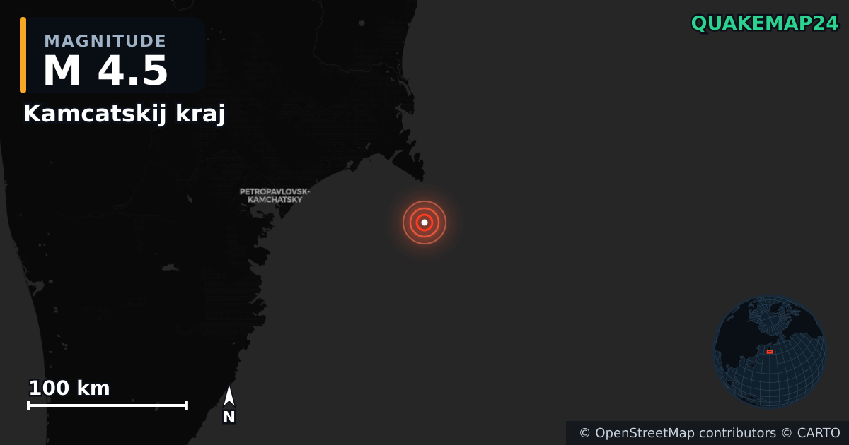 M4.5 earthquake near Kamcatskij kraj on Sep 10, 2025 — map of epicenter and shaking intensity | QuakeMap24