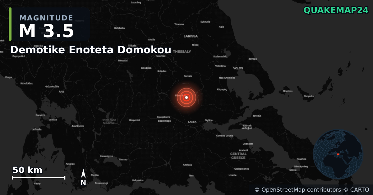 M3.5 earthquake near Demotike Enoteta Domokou on Apr 26, 2026 — map of epicenter and shaking intensity | QuakeMap24