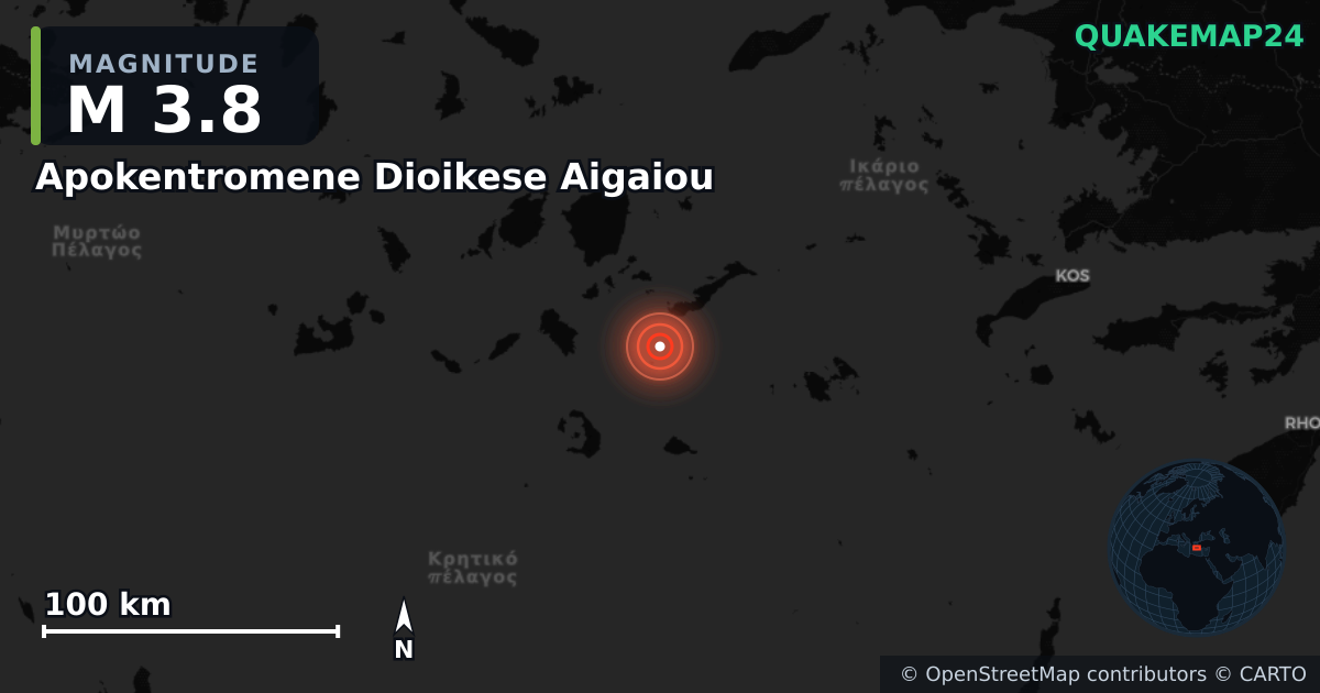M3.8 earthquake near Apokentromene Dioikese Aigaiou on May 4, 2025 — map of epicenter and shaking intensity | QuakeMap24