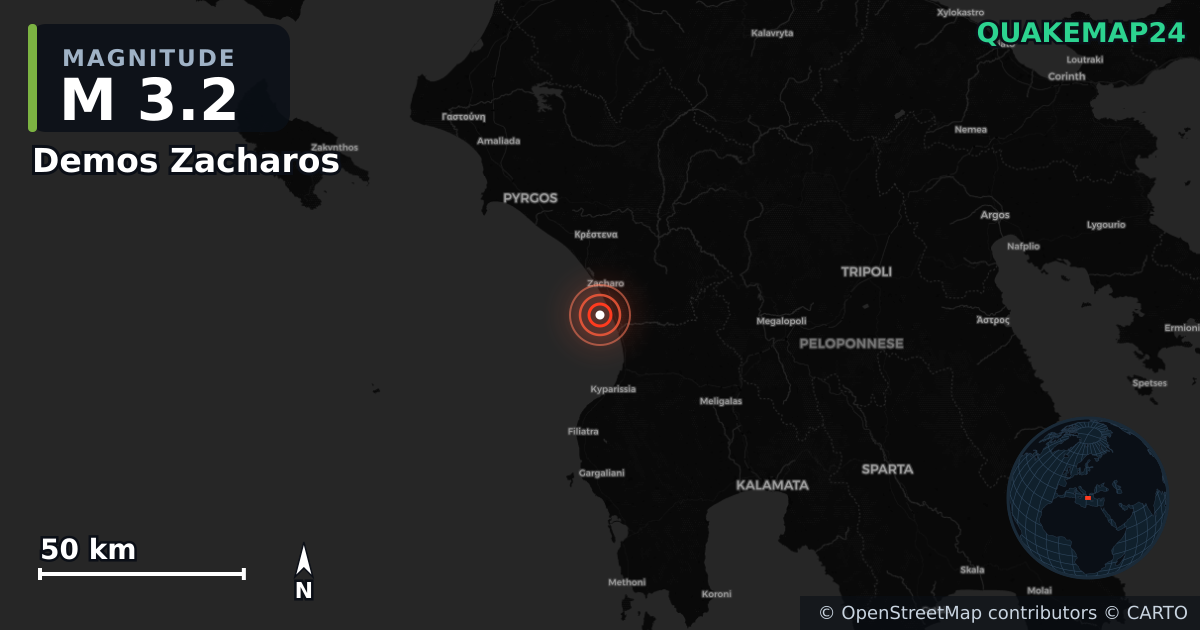 M3.2 earthquake near Demos Zacharos on Nov 30, 2025 — map of epicenter and shaking intensity | QuakeMap24