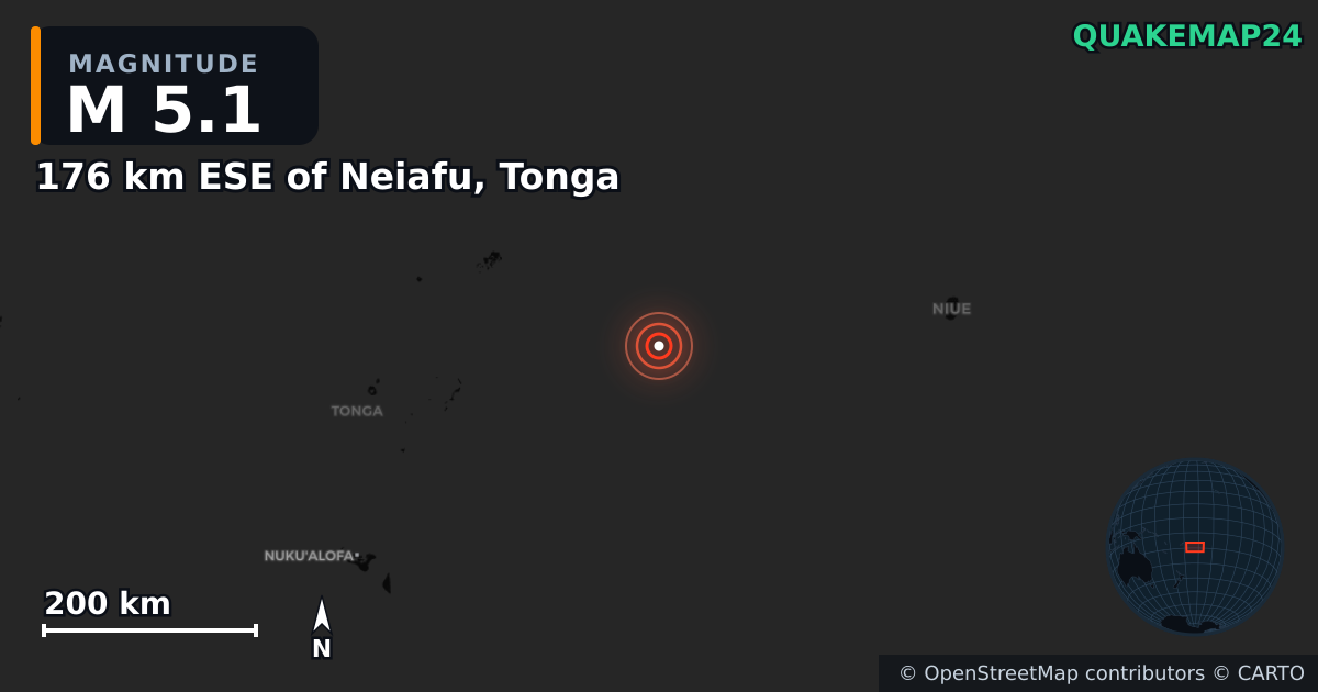 M5.1 earthquake near 176 km ESE of Neiafu, Tonga on Mar 23, 2025 — map of epicenter and shaking intensity | QuakeMap24