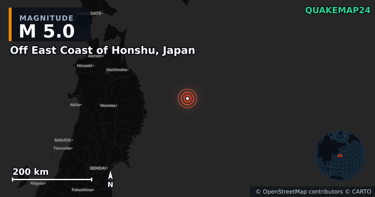 M5.0 earthquake near Off East Coast of Honshu, Japan on May 17, 2026 — map of epicenter and shaking intensity | QuakeMap24