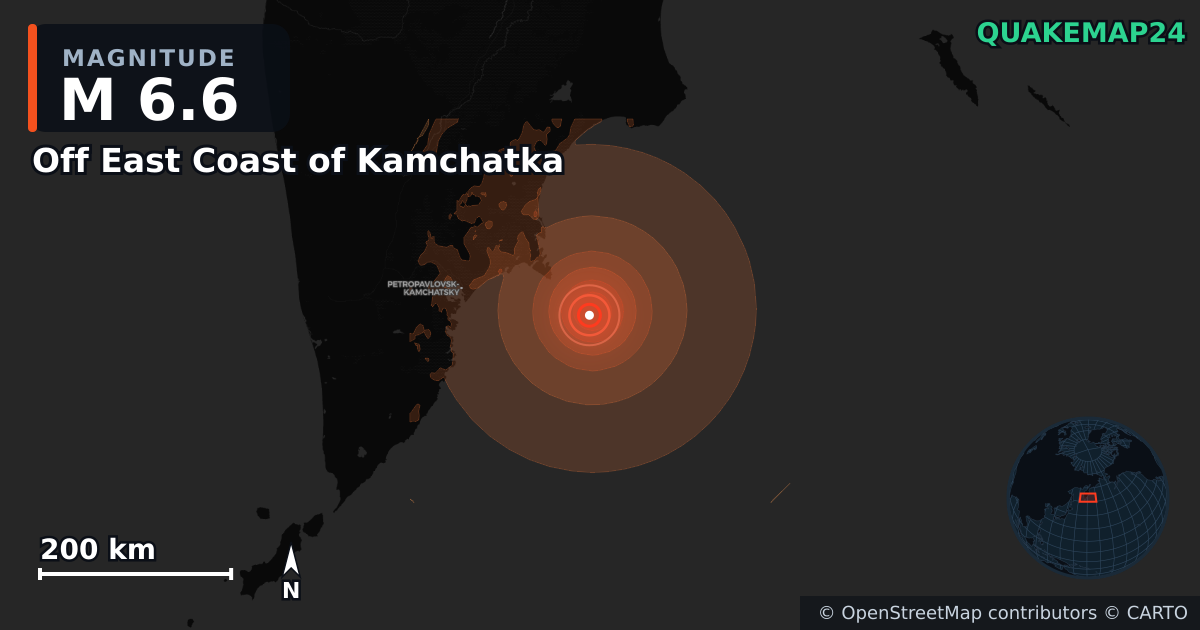 M6.6 earthquake near Off East Coast of Kamchatka on Jun 19, 2026 — map of epicenter and shaking intensity | QuakeMap24