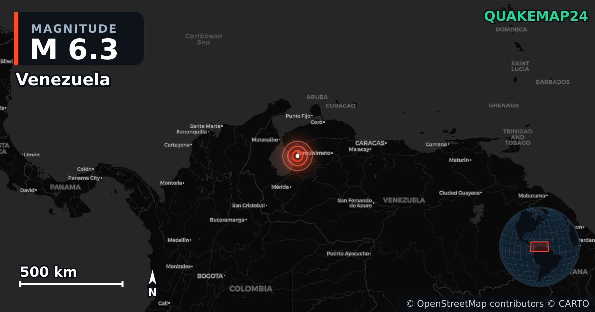 M6.3 earthquake near Venezuela on Sep 25, 2025 — map of epicenter and shaking intensity | QuakeMap24