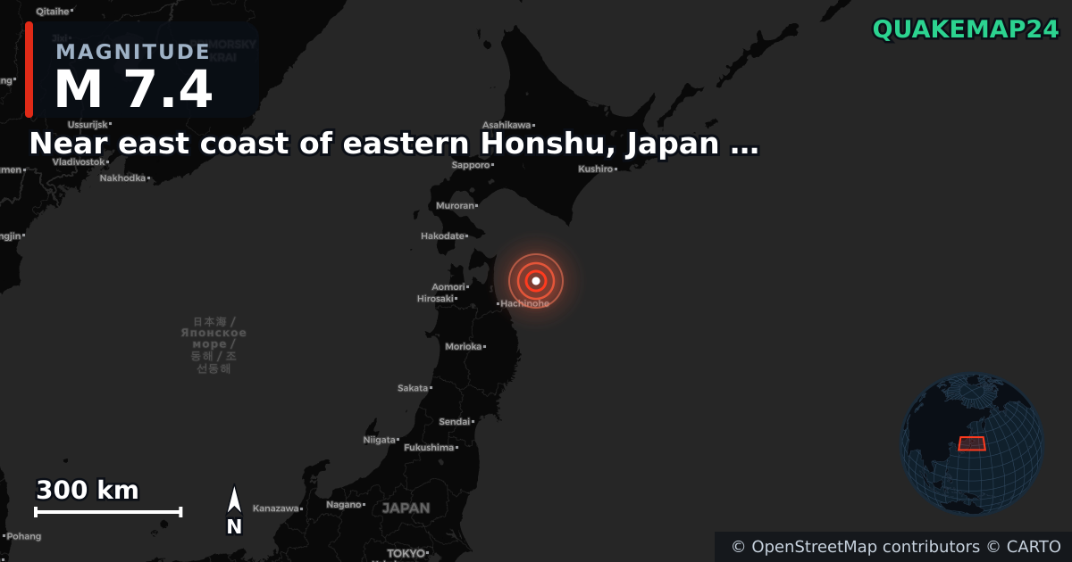 M7.4 earthquake near Near east coast of eastern Honshu, Japan [Sea: Japan] on Dec 8, 2025 — map of epicenter and shaking intensity | QuakeMap24