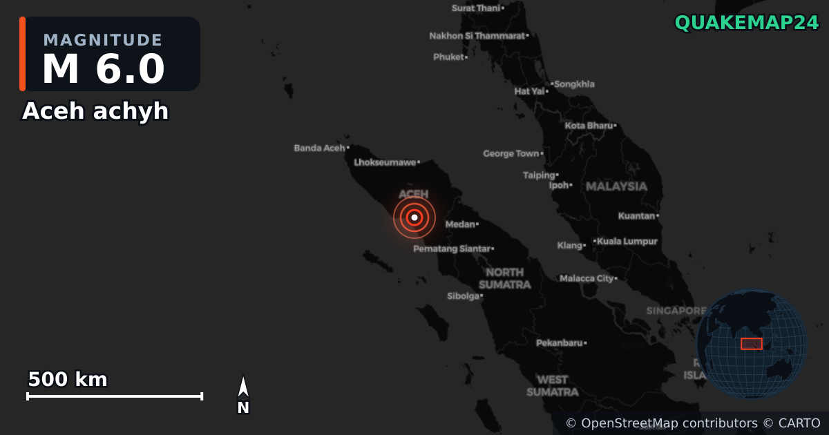 M6.0 earthquake near Aceh achyh on May 11, 2025 — map of epicenter and shaking intensity | QuakeMap24