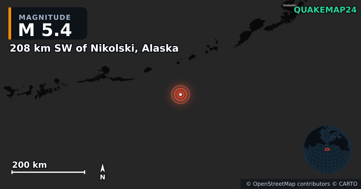 Erdbeben M5,4 bei 208 km SW of Nikolski, Alaska · 2025-11-09 — Karte der Lage des Epizentrums