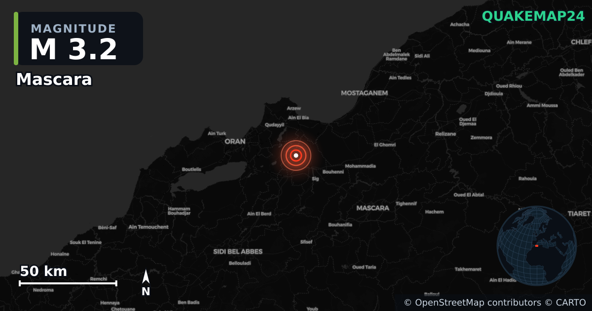 M3.2 earthquake near Mascara on May 28, 2025 — map of epicenter and shaking intensity | QuakeMap24