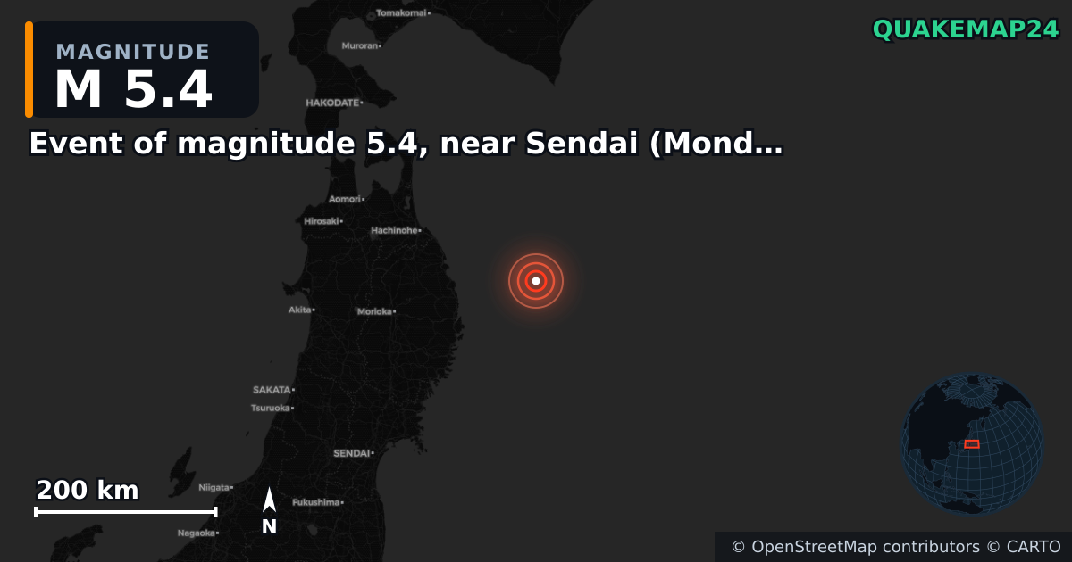 Sismo de M5,4 perto de Event of magnitude 5.4, near Sendai (Monde) — Mapa da localização do epicentro
