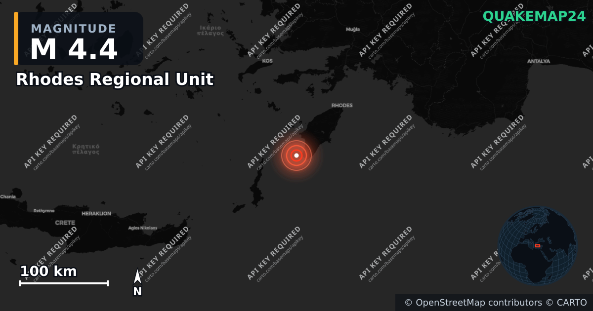 M4.4 earthquake near Rhodes Regional Unit on Aug 29, 2026 — map of epicenter and shaking intensity | QuakeMap24