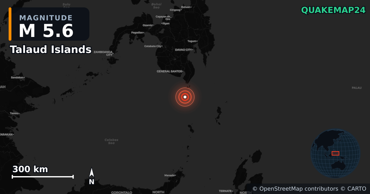 M5.6 earthquake near Talaud Islands on Jun 8, 2026 — map of epicenter and shaking intensity | QuakeMap24